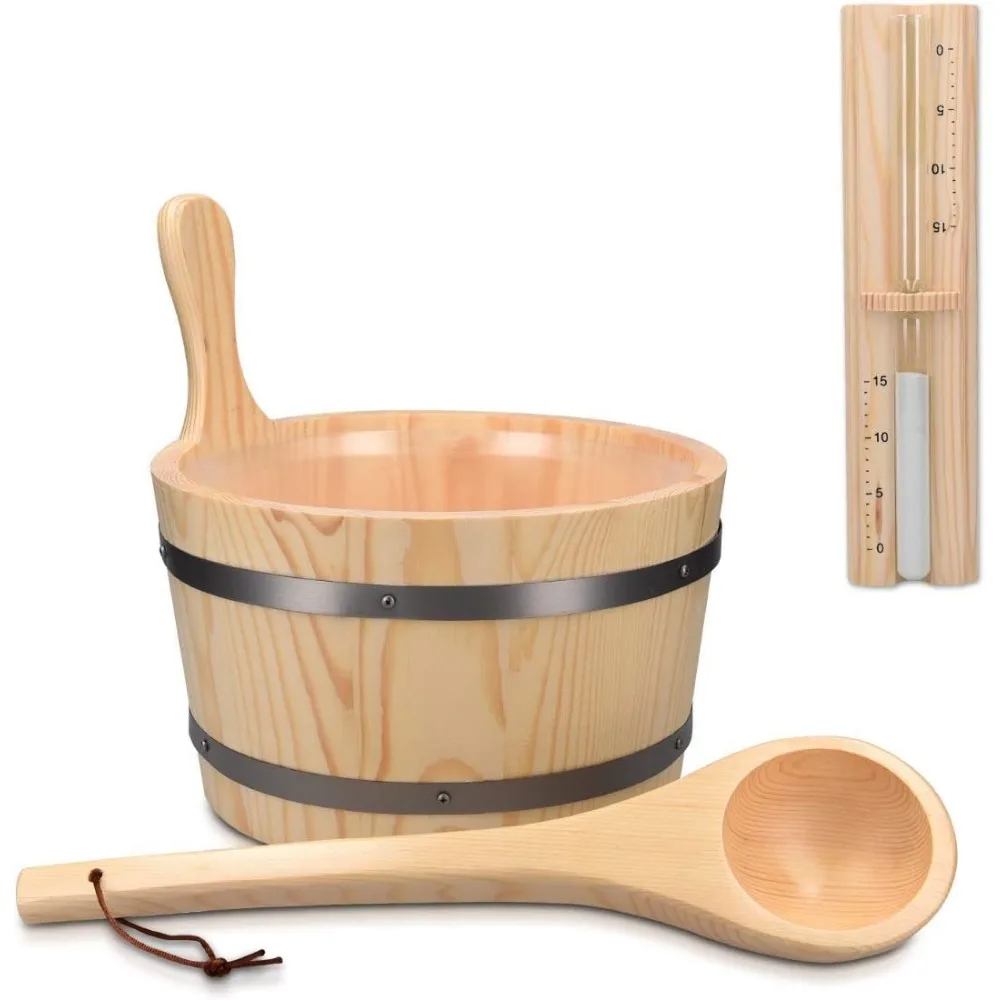 

Wooden Sauna Bucket and Ladle Set Pine Wood 1.3 Gallon Plastic Liner Sand Timer Steam Room Spa Accessory