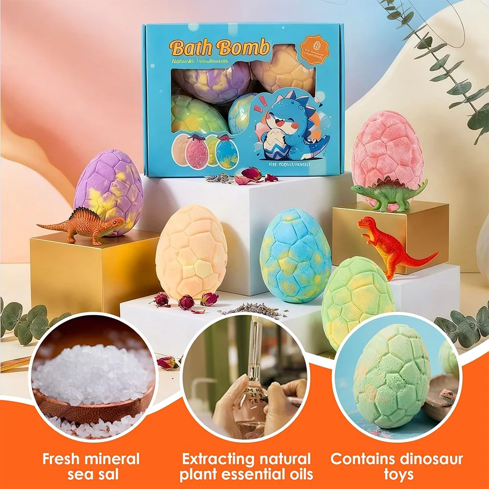 4pcs Dinosaur Bath Bombs Natural Organic Formula Fun Bubble Bath Fizzes for Daily Bath Time Birthday Christmas Gift