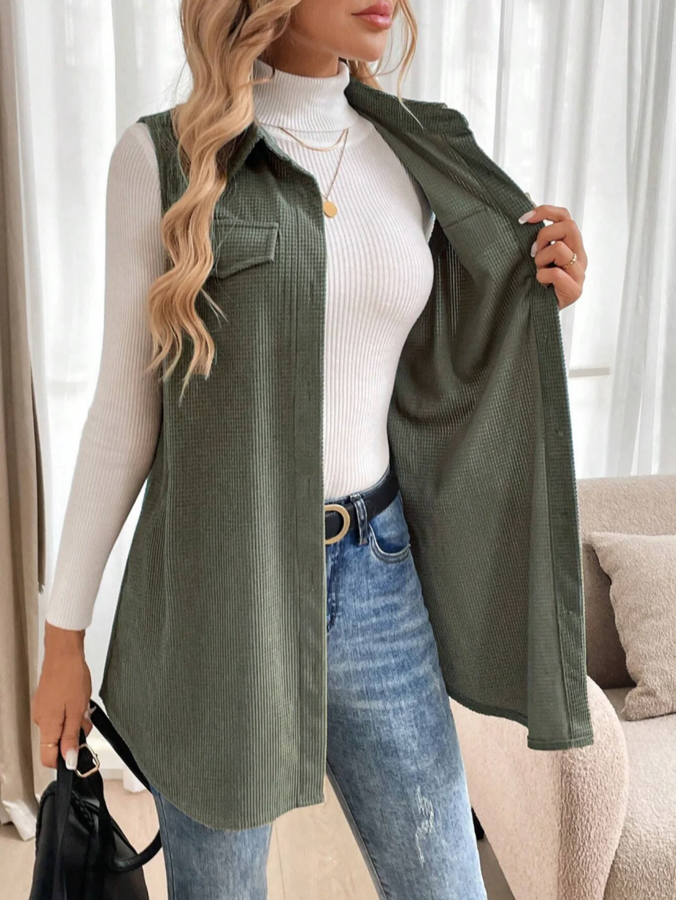 เสื้อกั๊กยาวถักลายวาฟเฟิลลำลองสำหรับผู้หญิง เสื้อแจ็คเก็ตแบบไม่มีแขนติดกระดุมพร้อมกระเป๋า เสื้อคลุมคอปกแบบมีปกสำหรับใส่เป็นชั้นใน