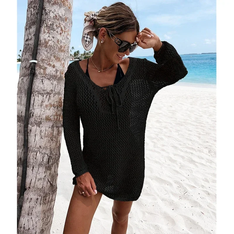 2023 häkeln Strand Cover Up Sexy Bikinis Cover-ups aushöhlen weiße Tunika gestrickt Mini Sommerkleid Frauen Beachwear Badeanzug