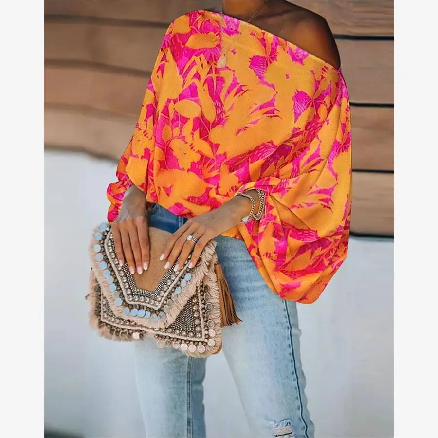 Damska luźna bluzka z nadrukiem, modna, z asymetrycznym dekoltem, kwiatowy wzór, oversize, letnia, poliester, etniczny styl.