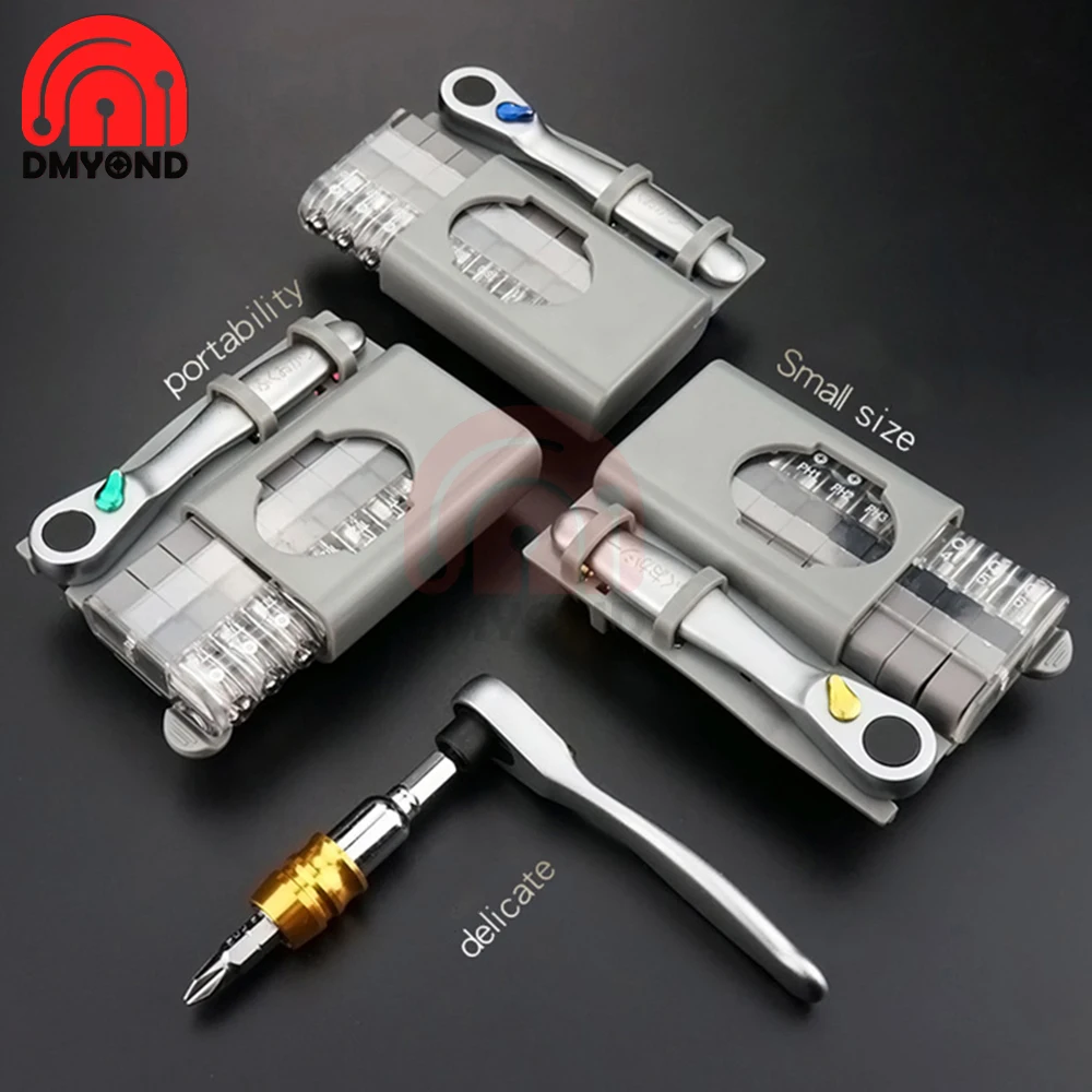 Mini Portable Ratchet Screwdriver Set With S2 Screwdriver Bits 90 Degree Reversible Drive Handle Multi Ratchet Hexagonal Wrench