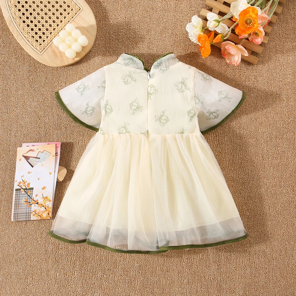 (0-3 Years Old) Summer Baby Girl Cotton Play Mesh Bow Chinese Style Dress Girl Cute Flower Short Sleeved Hanfu Dress