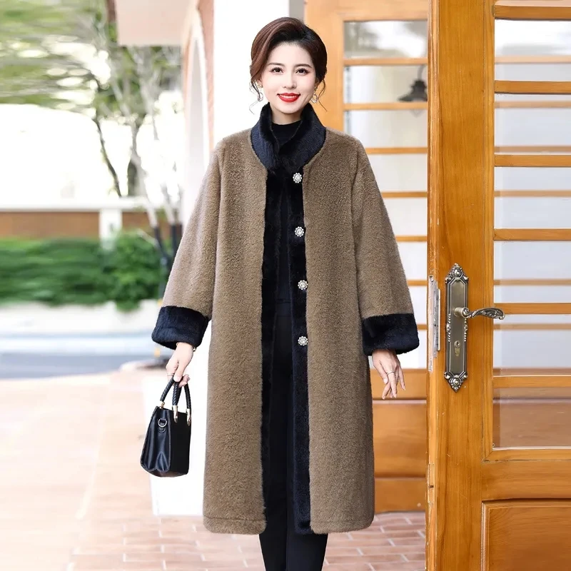 High-quality Autumn Winter Mother\'s Fur One Piece Imitation Gold Mink Fleece Long Coat Noble Women Temperament Women Fur Jacket