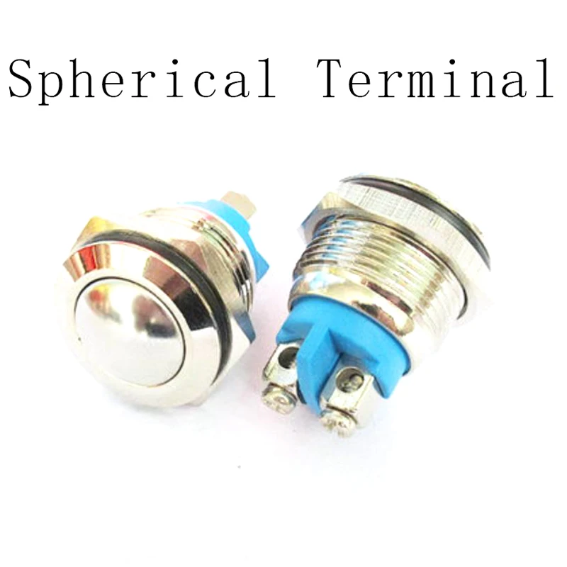 Mini interruptor de botón de Metal, reinicio automático, esférico, plano, redondo, plano, con Terminal, 16mm, 19mm, 250V, 5A