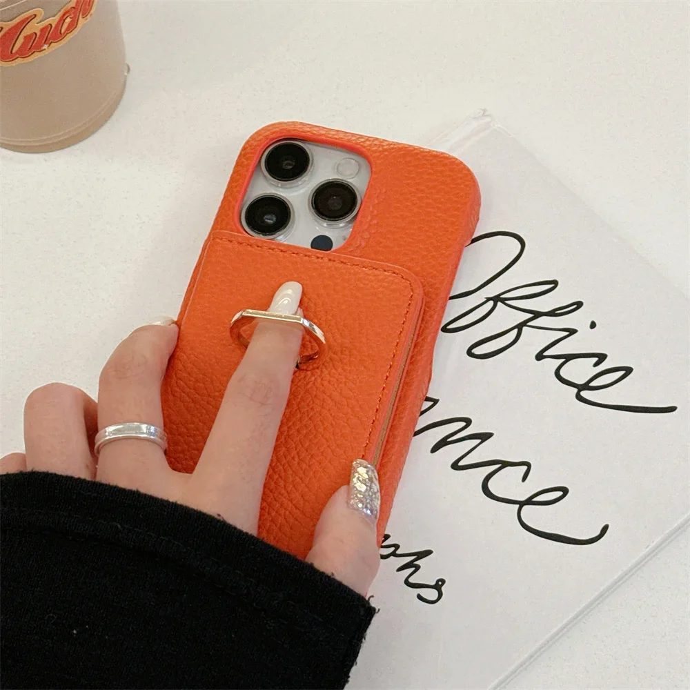 Ring with Card Holder Phone Case for IPhone 15 14 11 Pro Max 13 12 Mini XR XS X Max 8 7 Plus PU Leather Shockproof Shell Cover