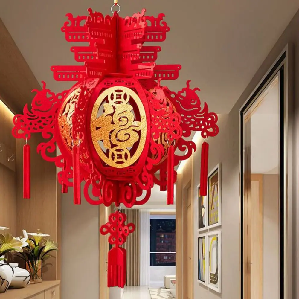 Decorative Flocking Cloth Red Lanterns Hangable Flocking Fabric Traditional Chinese Red Lantern Reusable with Tassel