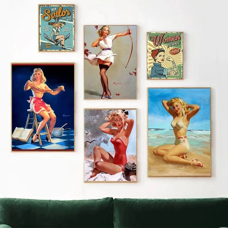 Vintage Classy Pin Up Flirty in Red Apron Girl Canvas Paintings Posters and Print Wall Art Picture for Living Room Decor Cuadros