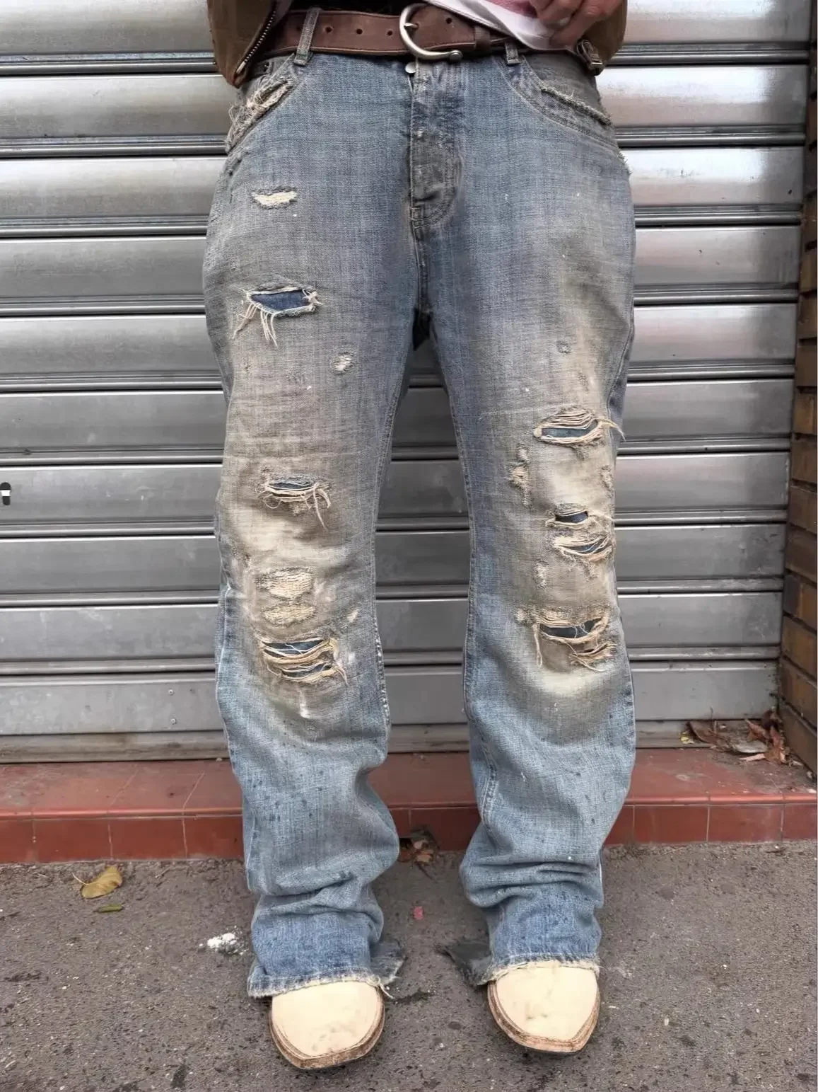 

No faith American heavy industry washed ink splashing cat whisker patch micro pull bootcut jeans