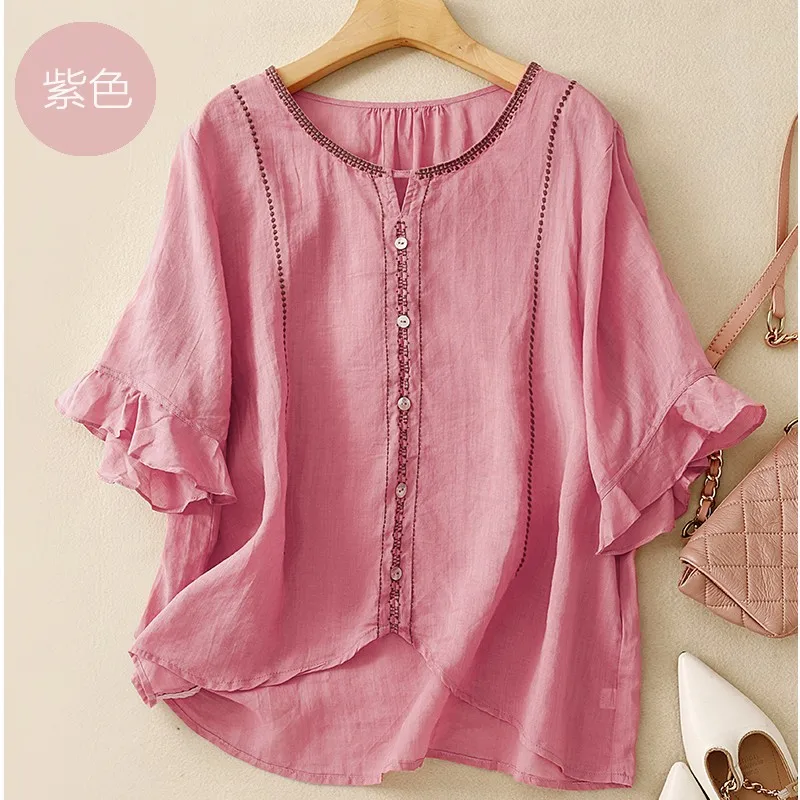 Women Summer Casual Shirt New Arrival 2024 Vintage Style O-neck Flare Sleeve Loose Female Cotton Blouses Shirts B3835