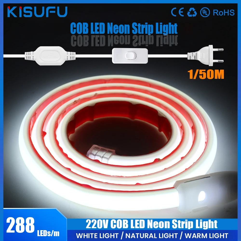 

1/50M COB LED Neon Strip Light 220V 288LEDs/m EU Plug Adhesive Tape Linear Lighting IP67 Flexible Flex Ribbon Warm/Natural/White