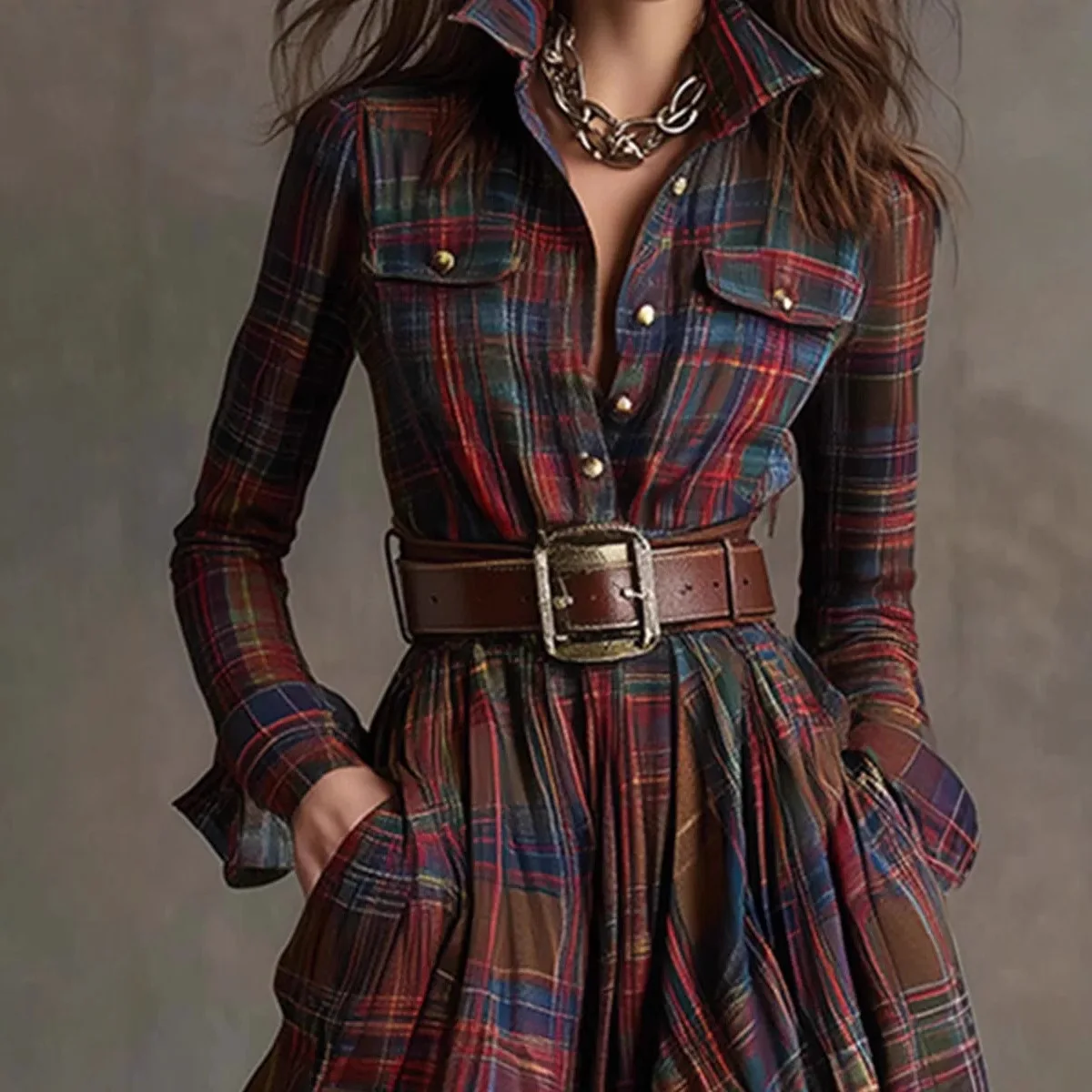 2025 Women's Fashion Shirt Dress Digital Print Plaid Turn-Down Collar Long Sleeve Vintage Long Dress