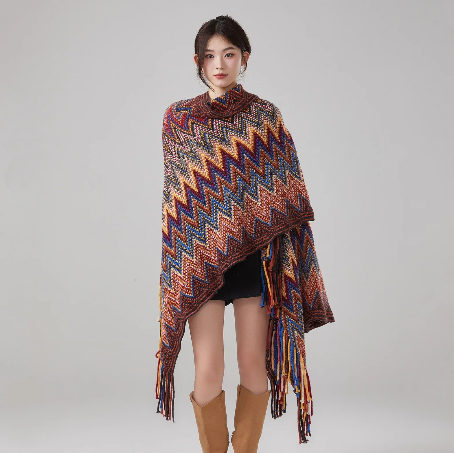 

New autumn and winter style national style cape for women wavy casual long jacket retro travel knitted tassel cape cape