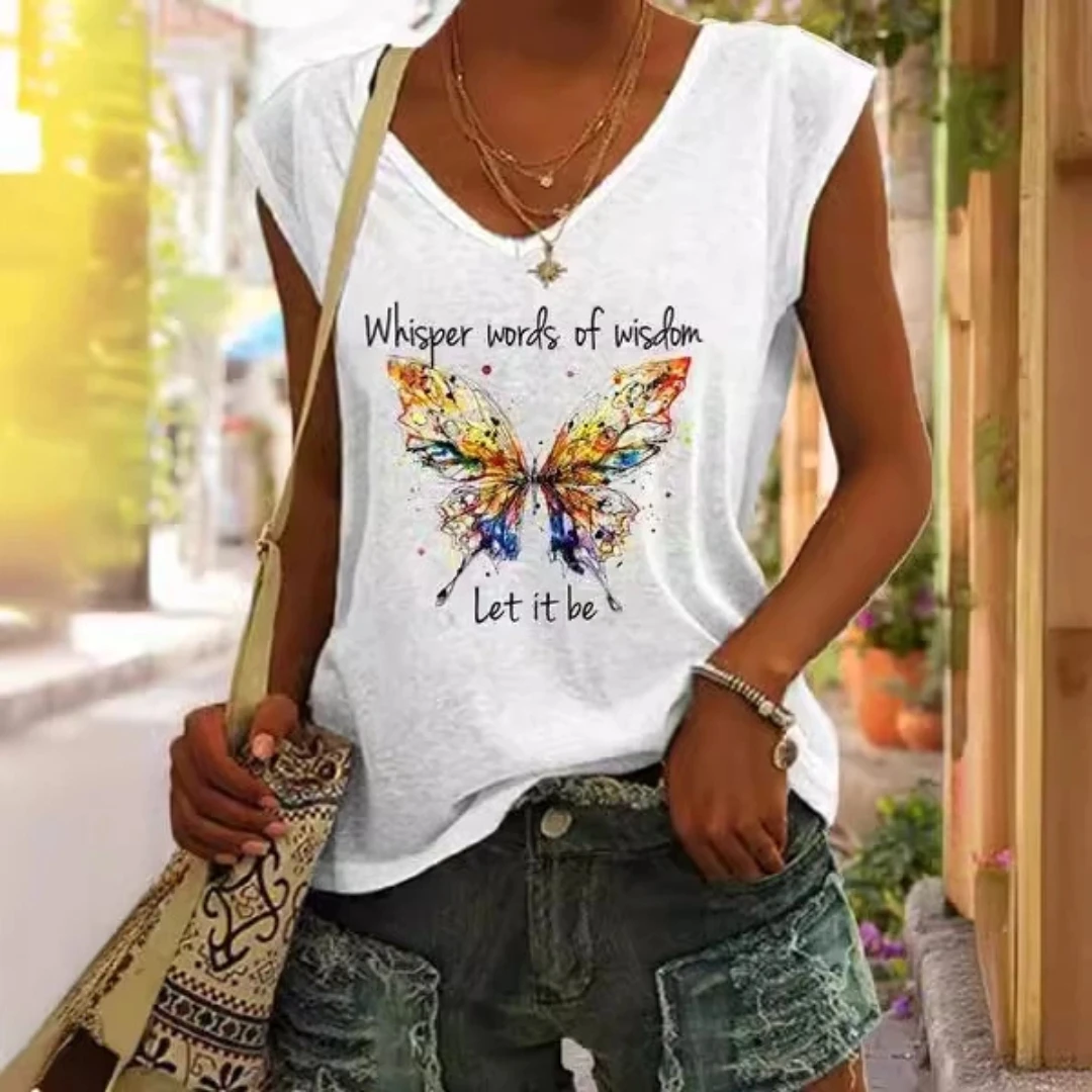 

2025 Women's Butterfly Print T-Shirt Loose Fit Basic Tee Trendy Streetwear Summer Tops Summer Holiday V Neck Sleeveless Vest Top