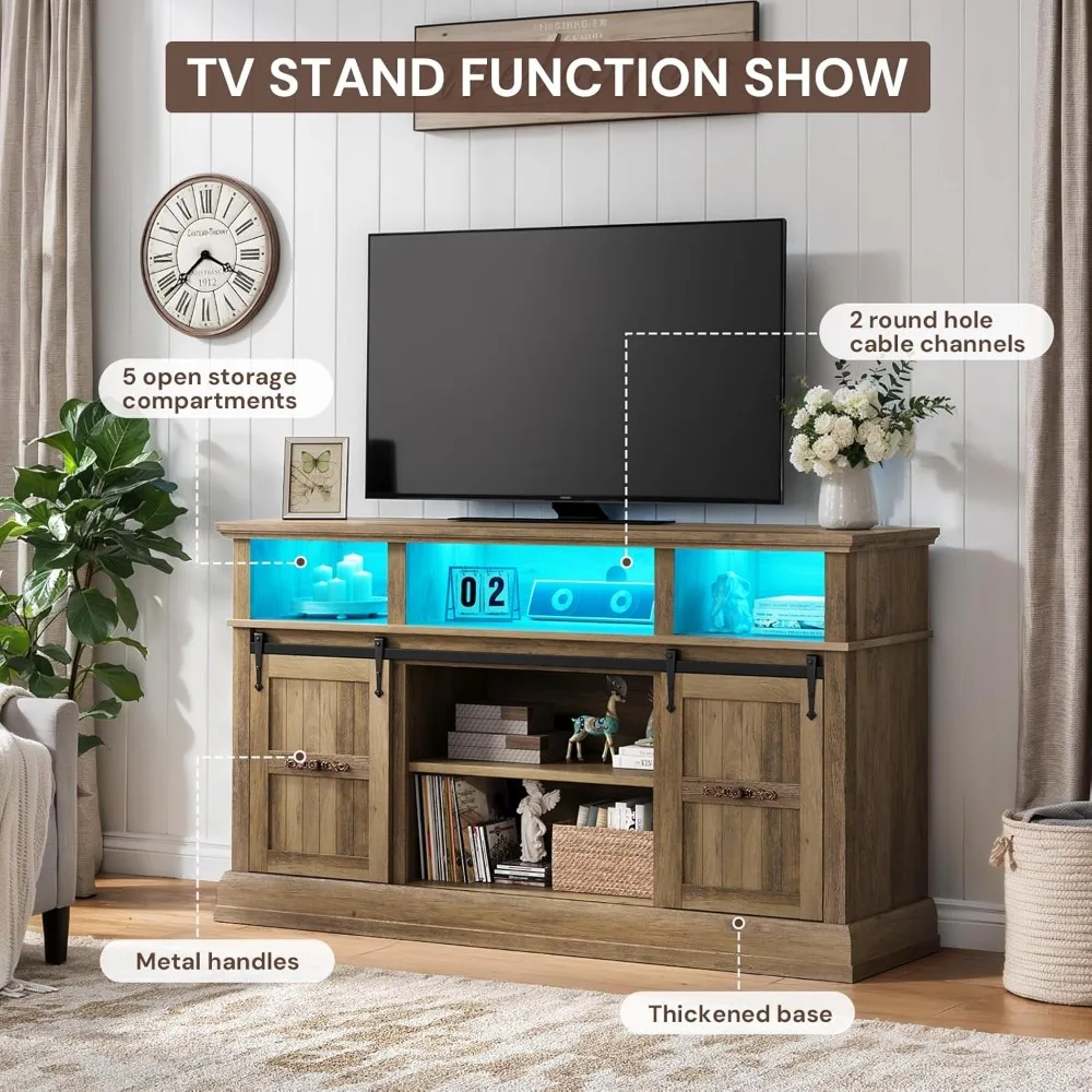 Rustykalny stojak pod telewizor 75 cali z przesuwanymi drzwiami w stylu stodoły, wysokie szafki RTV o wysokości 32 cali, konsola multimedialna z oświetleniem LED