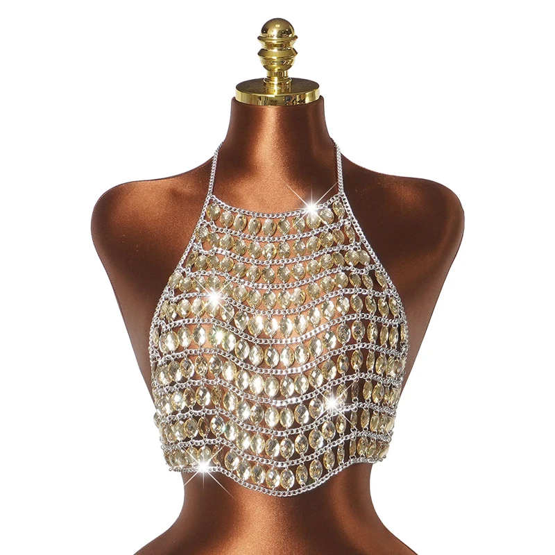 Hochwertiges Damen-Top mit schwarzer Perlenkette, Neckholder, Acryl, mehrlagig, Bustier, Crop-Top, sexy, ausgehöhlt, Nachtclub-Tanktop – Detail 4