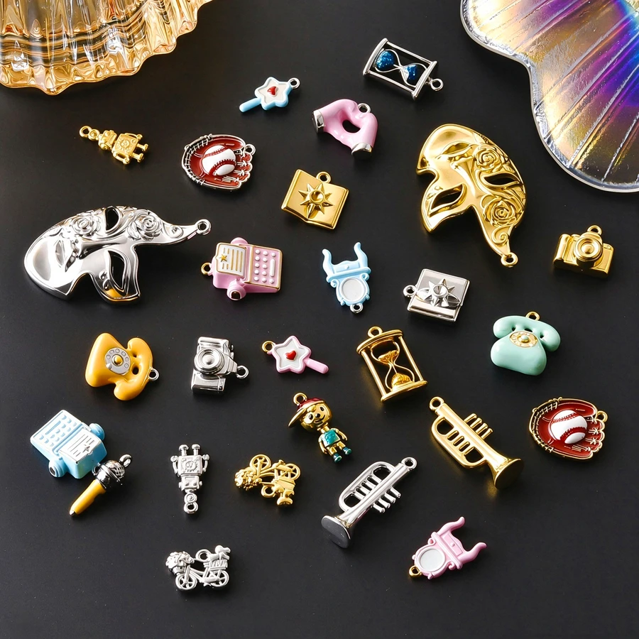 5Pcs Lollipop Makeup Microphone Telephone Mask Flower Heart Charms For Jewelry Making Stainless Steel 3D Pendant DIY Accessories