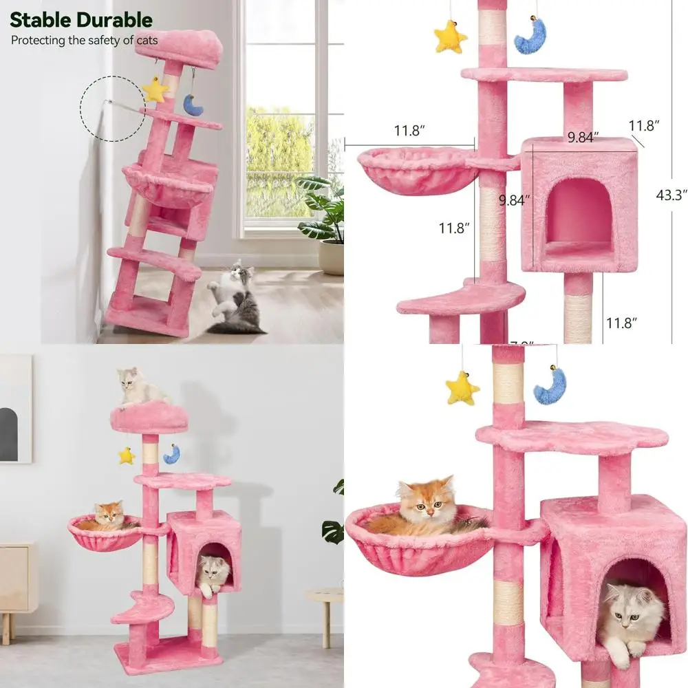 

Pink 43 Cat Tower for Kittens: Cloud-Inspired Tree with Scratching, Hammock, Condos & Toys