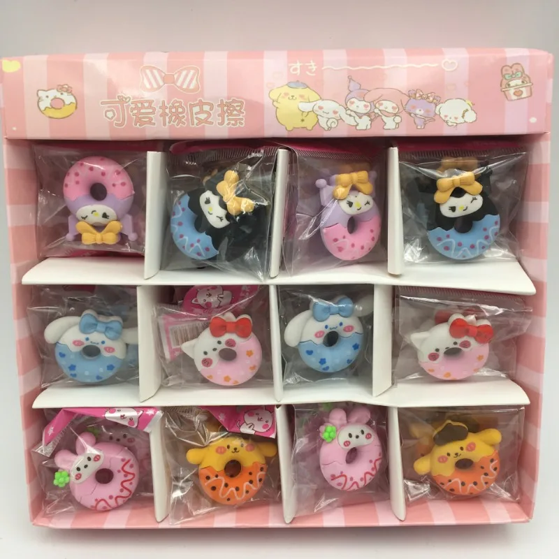 

2/6Pcs Sanrio Hello Kitty Kawaii Erasers Anime Action Figure Kuromi Cinnamoroll My Melody Doughnut Shape Children Birthday Gifts