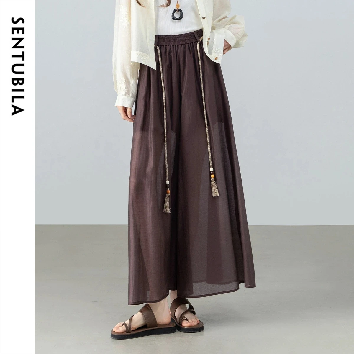 SENTUBILA Women's Commuter Coffee Culotte 2026 Summer Minimalist Beaded Tassel Belt Elastic Waist Loose Cropped Pants 162KF6218