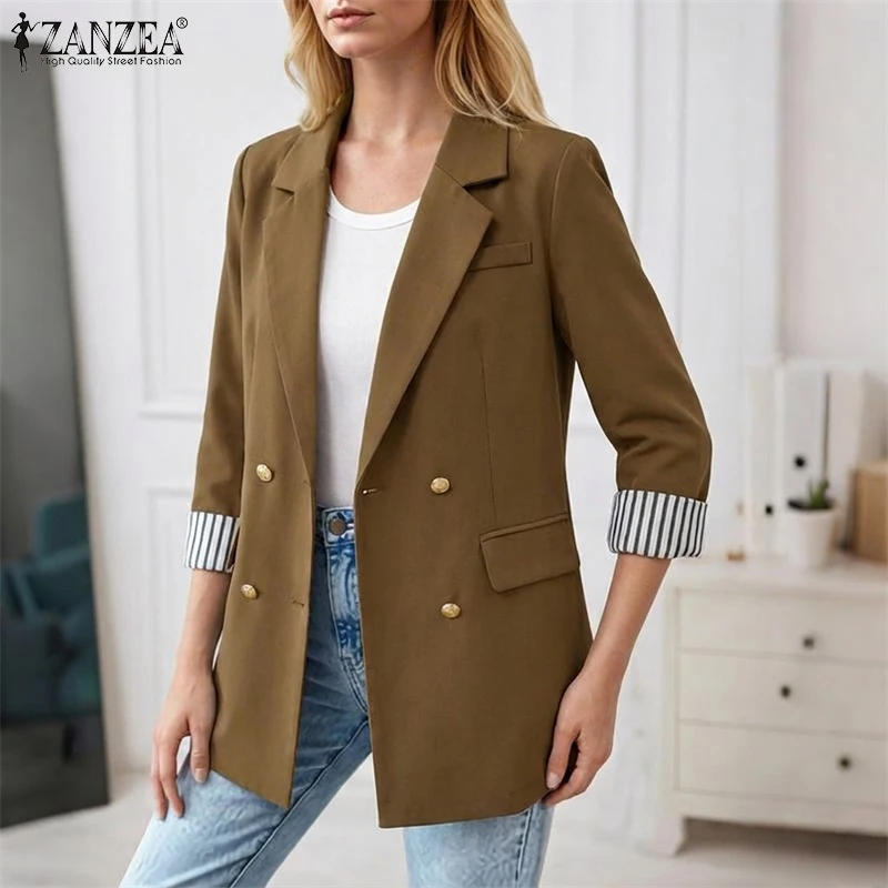 2026 Spring Women Blazer Jackets ZANZEA Stylish Office OL Outwears Elegant Lapel Neck Long Sleeve Blazer Coats Casual Work Suits