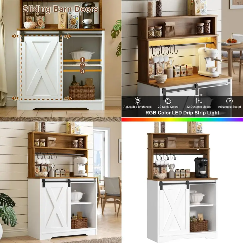 

55 White Coffee Bar Cabinet with LED Light, Sliding Barn Door, and 6 Hooks for Living/Dining Area
