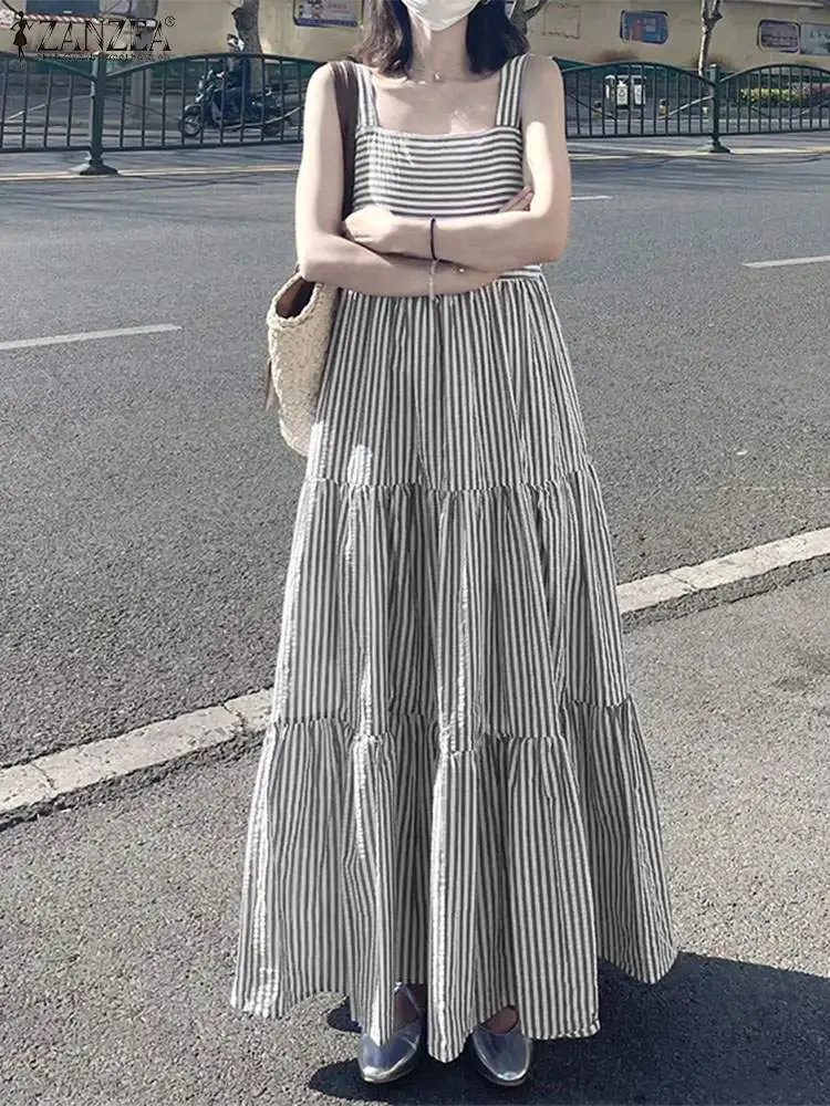ZANZEA Fashion Women Vintage Square Neck Holiday Long Sundress Robe Femme Vestido Summer Sleeveless Striped Beach Maxi Dress