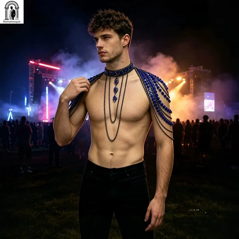 Gothic Men Shoulder Body Chain Silver Metal Tassel Harness with Blue Rhinestones Rave Party Stage Performance Body Jewelry
