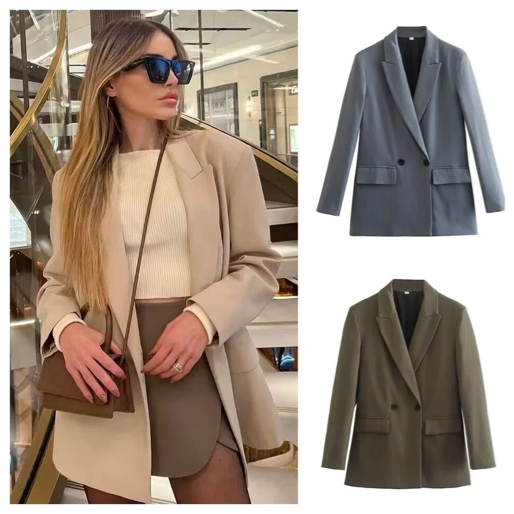 PB&ZA2024 Autumn New Women\'s Wear New Women\'s Fashion Style Slim Fit Commuting Versatile Solid Color Flip Collar Suit Coat