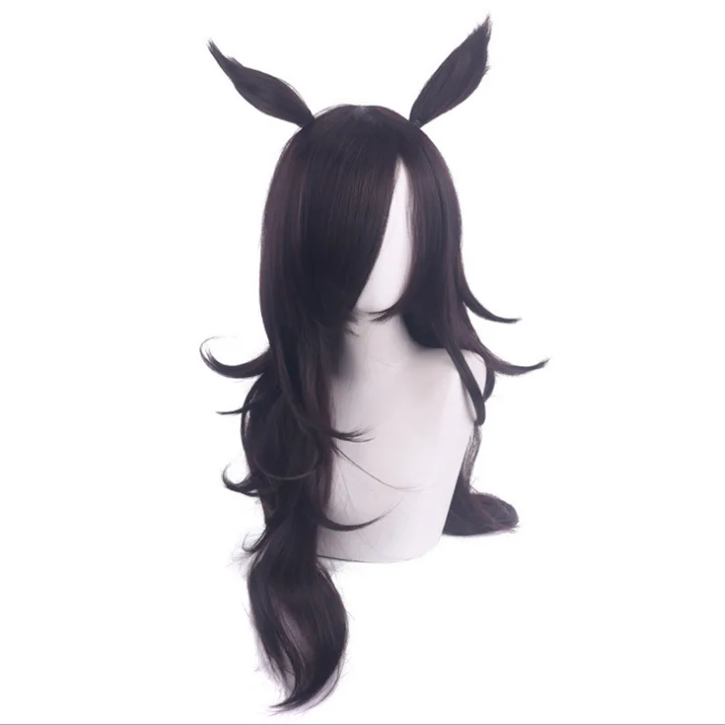 Parrucca cosplay per ragazze Pretty Derby Racing con prestazioni del carattere Arricciatura inversa a strati marrone scuro con orecchie di animali