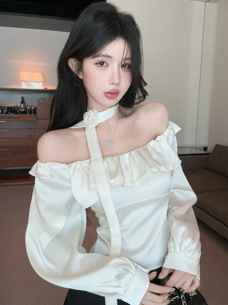 Elegant Long Sleeve Short Shirt Women's Fashion Design Slim Fit One Shoulder Hem Trim Spring Summer New Style French Style Br...