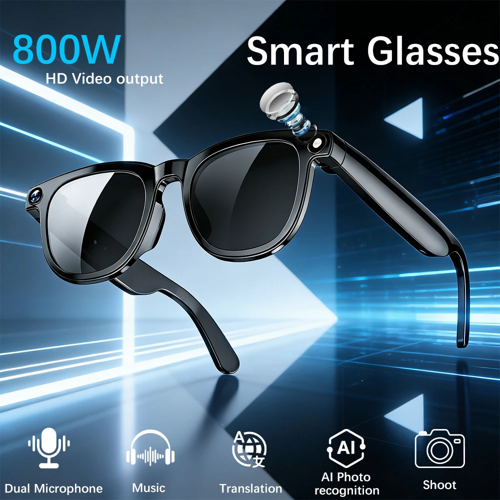 

Умные очки с камерой 800 МП для фото и видео, ИИ-переговоры, перевод, для офисных встреч, музыка, двойной микрофон