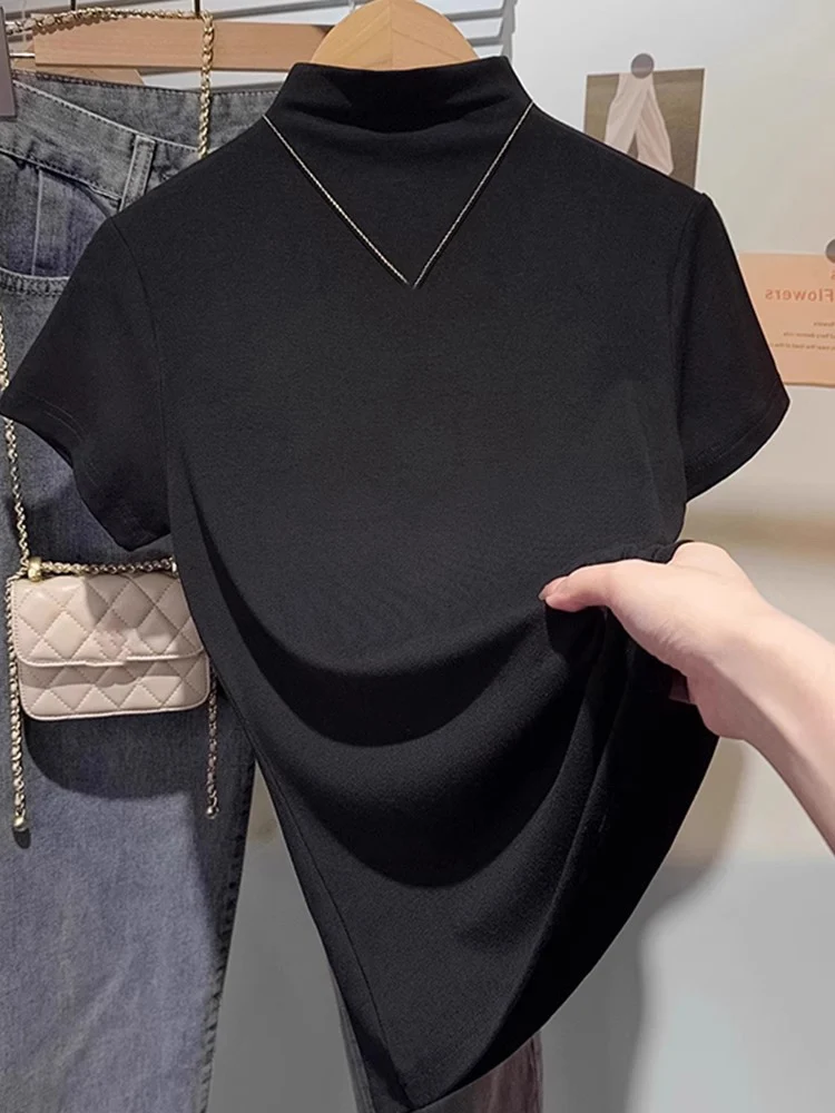 

Футболка Slim Fit из ледяного шелка с высоким воротником, цветная основа irt Faionable, летний топ, корейский Sle ort Sve Bot irt