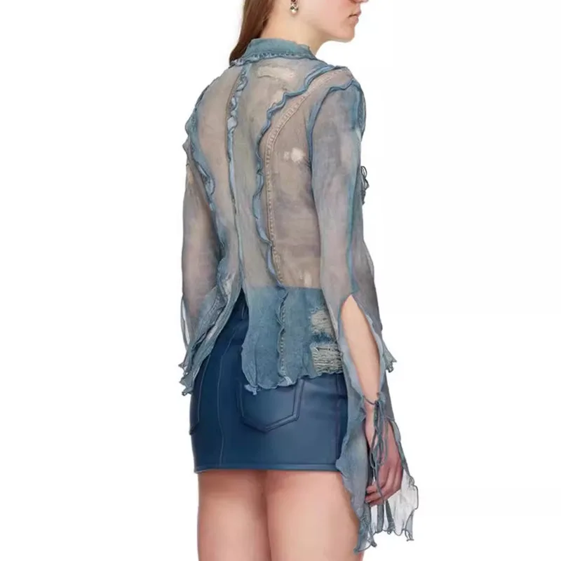 HKSH 春夏の新女性のシックな Y2K ストリートヴィンテージユーズド加工セクシーなバタフライスリーブエレガントなインシャツカジュアルトップス HK5606