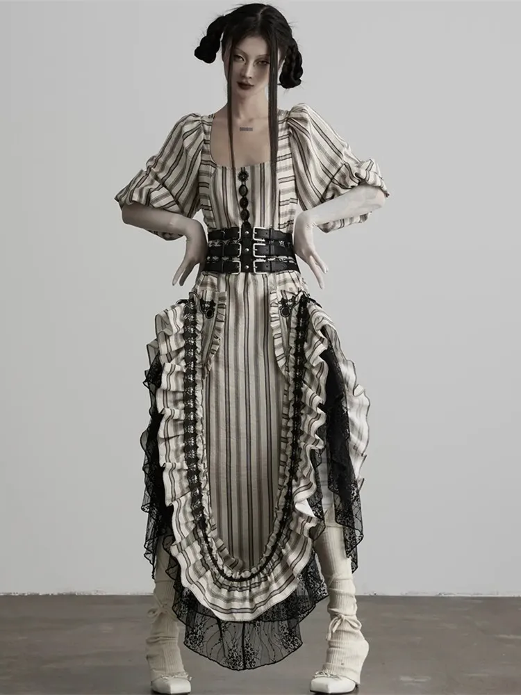 112cmBust SpringAutumn Striped Maxi Dress Women Vintage Elegant SquareNeck Cinched Waist Lace Ruffle Flared Multi-Way Wear Dress