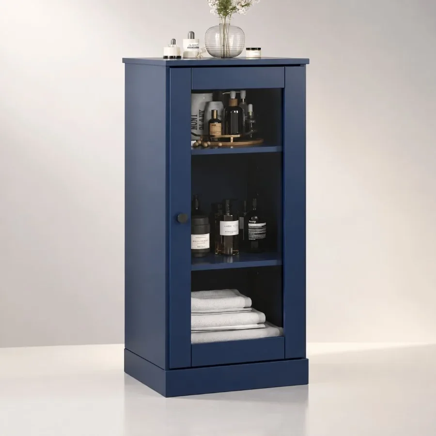 Solid Wood Bathroom Storage Cabinet - 16.5 W x 36 H - Navy Blue - 3 Shelf Short Storage Cabinet w/Clear Glass Door, Adjustable