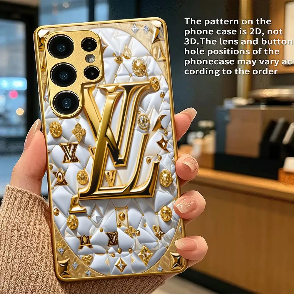 Luxury Gold L&V Pattern Tempered Glass Phone Case For Samsung GalaxyS26 25 24 23 22 Ultra  Anti-drop Lens Full Protective Cover