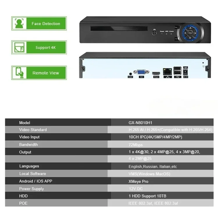 GX-N8010H1 G.Craftsman Hot Sale Economical Cheaper Good Quality 10 Channel NVR with XMEYE NETIP ON-VIF Protocol for IP Camera