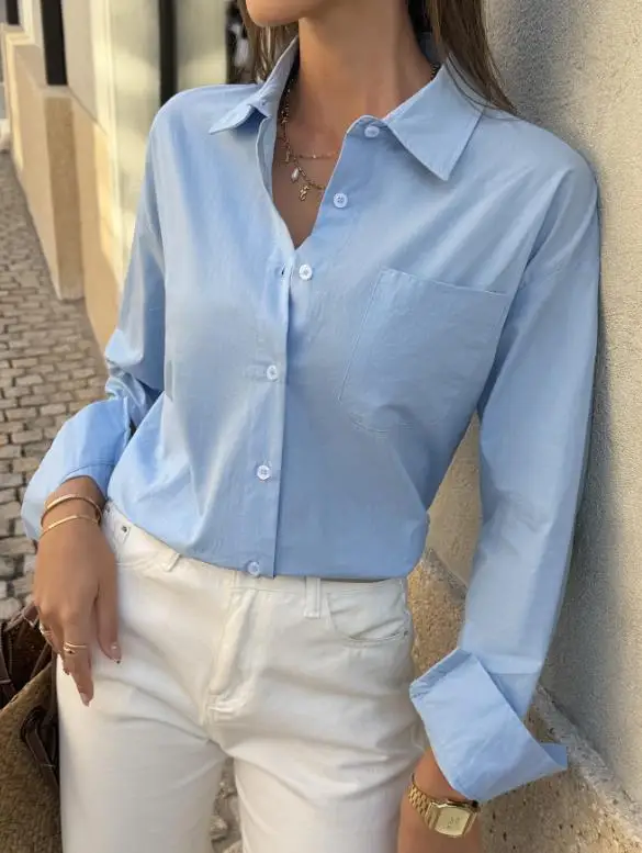 

Professional Women's Shirt Spring Classic Style Solid Simple Temperament Elegant Lapel Button Front Long Sleeved Work Shirt