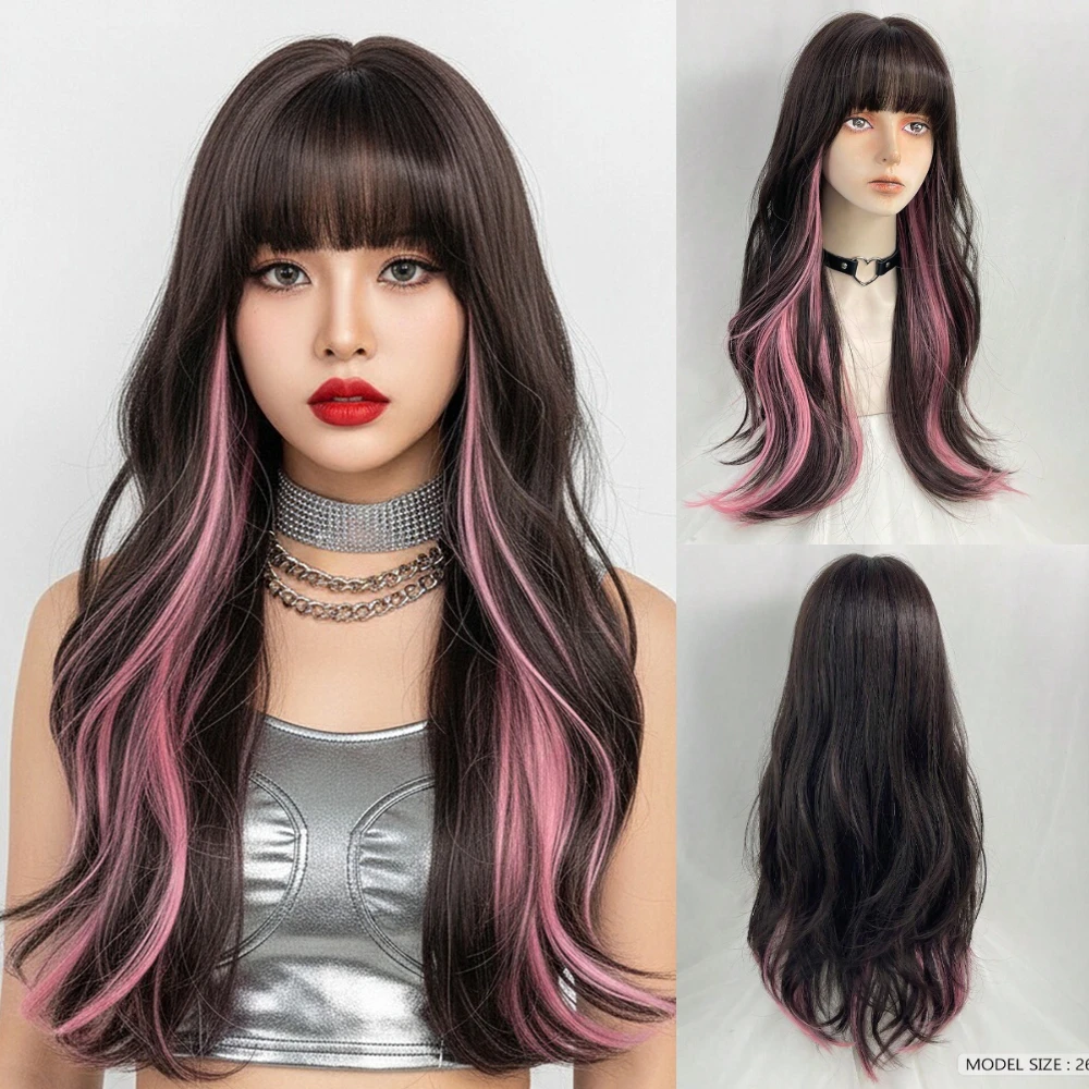 

Lolita Long Wavy Brown Highlight Pink Synthetic Wig With Bang Women’s Cosplay Halloween Christmas Casual Glam Looks