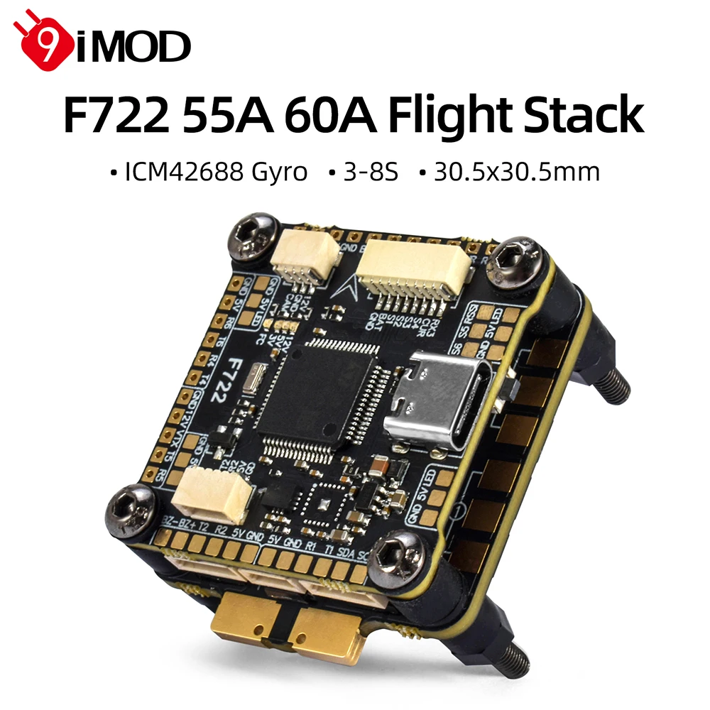 

9IMOD F722 Flight Stack F722 Управление полетом 55A/60A ESC 3-6S Lipo 30,5x30,5 мм ICM42688 Гироскоп для дистанционного управления FPV Racing Drone