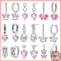 New 925 Sterling Silver Ladies Princess Pink Gemstone Bow Sweet Heart Design Earrings Suitable Fit Party Exquisite Jewelry Gift