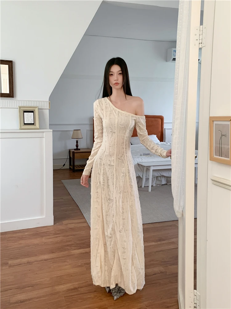 CHEERART One Shoulder Long Sleeve Knitted Maxi Dress Women White A Line Rip Tunics Long Dress Elegant 2024 Fall Fashion Clothes