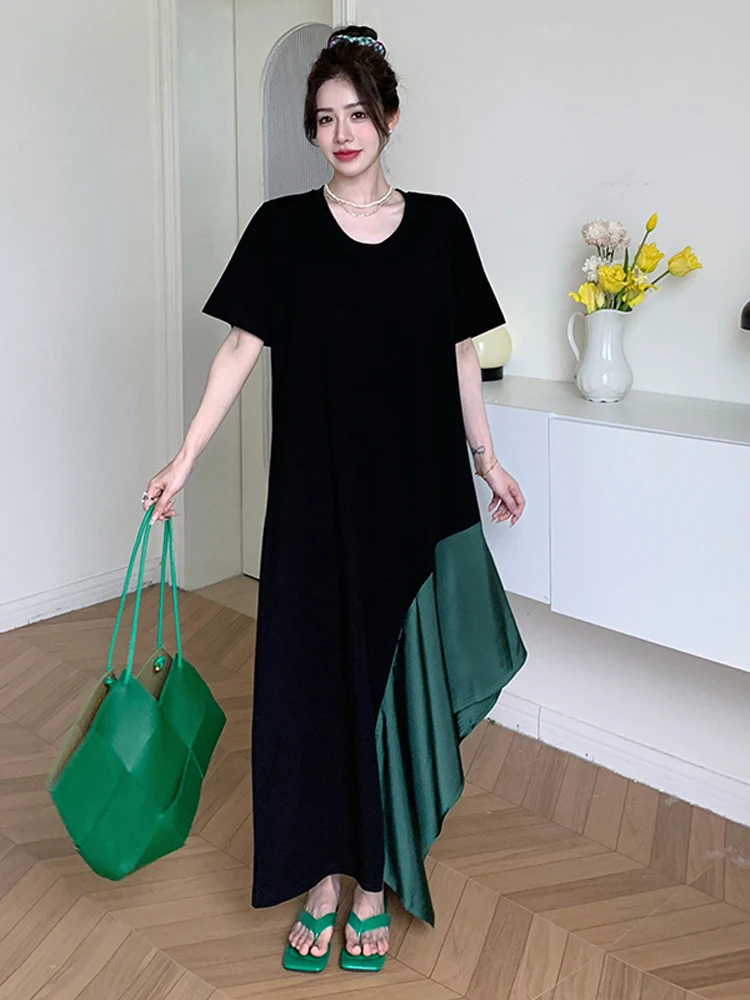 NYFS 2024 Summer New Korea Woman Dress Vestidos Robe Elbise Loose Plus Size Irregular Hem Patchwork Short Sleeve Long Dresses