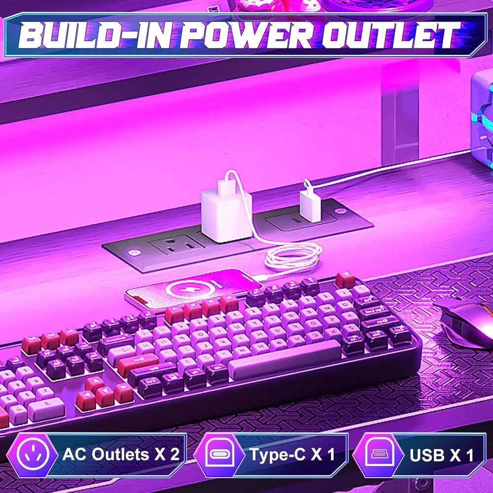 Scrivania da gioco compatta illuminata a LED con prese di corrente, cassetto portaoggetti e supporto per monitor per ufficio domestico o camera da letto