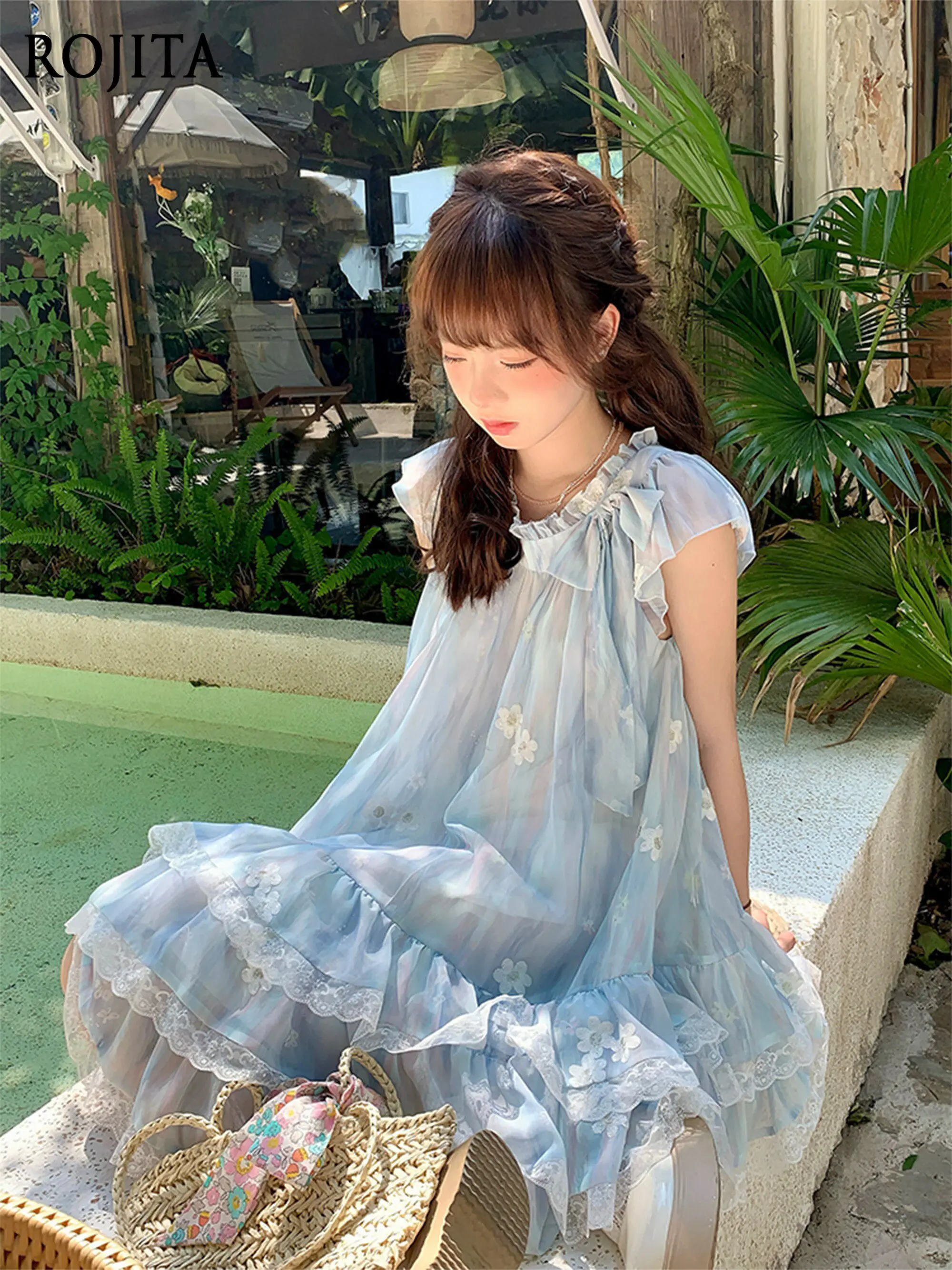 

Flower Embroidery Lace Ruffle OP Dress Female Summer New Blue Wavy Lace Short-sleeved Dress Sweet Lolita Tiered Dress