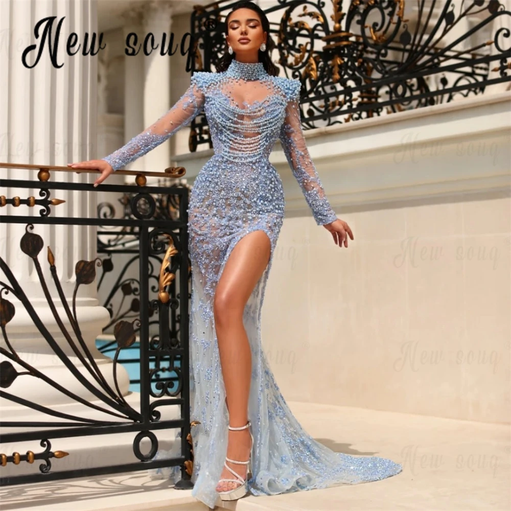 Sky Blue Backless High Split Evening Dress With Pearls Handmade Dubai Women Long Sleeve Wedding Party Gowns Dubai Cocktail Gowns