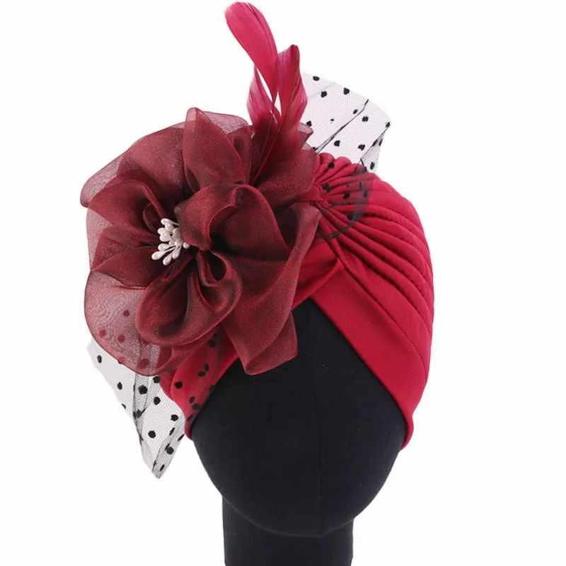 Lastest Feather Flower Turban Bonnet for Women Muslim Hijab Headscarf Caps Wedding Party Headwear Turbante Mujer African Headtie