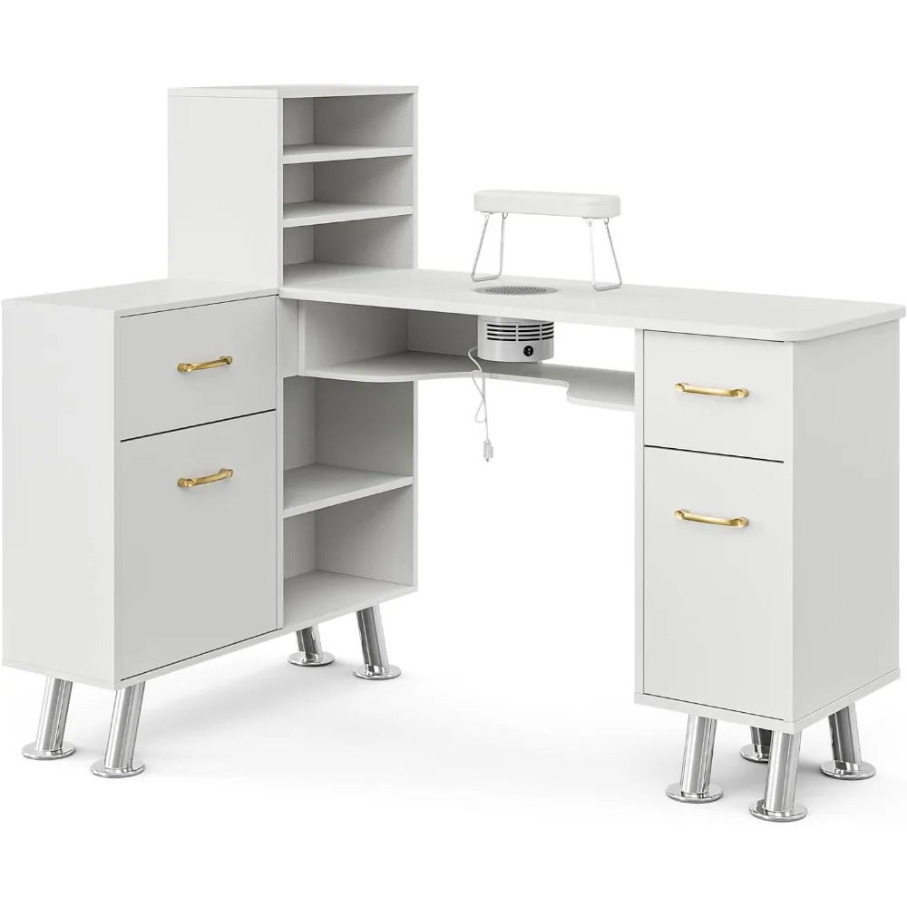 

L-Shaped Nail Desk for Nail Tech with Dust Collector,Manicure Table Nails Station with Shelves, Storage Drawers,Salon Wrist Rest