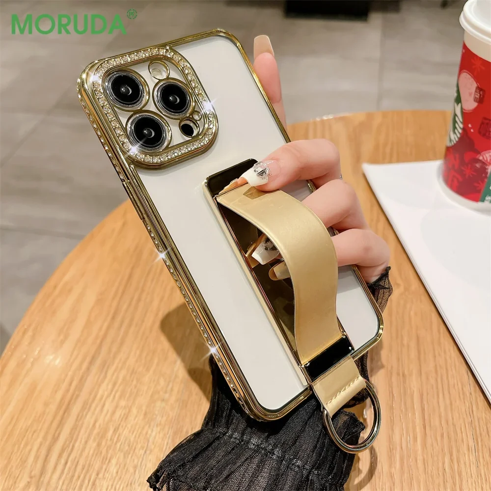 Wrist Strap Finger Ring Invisible Holder Case for iPhone 14 15 16 ProMax 11 12 13 Pro Max 16 Plus Luxury Diamond Plating Cover